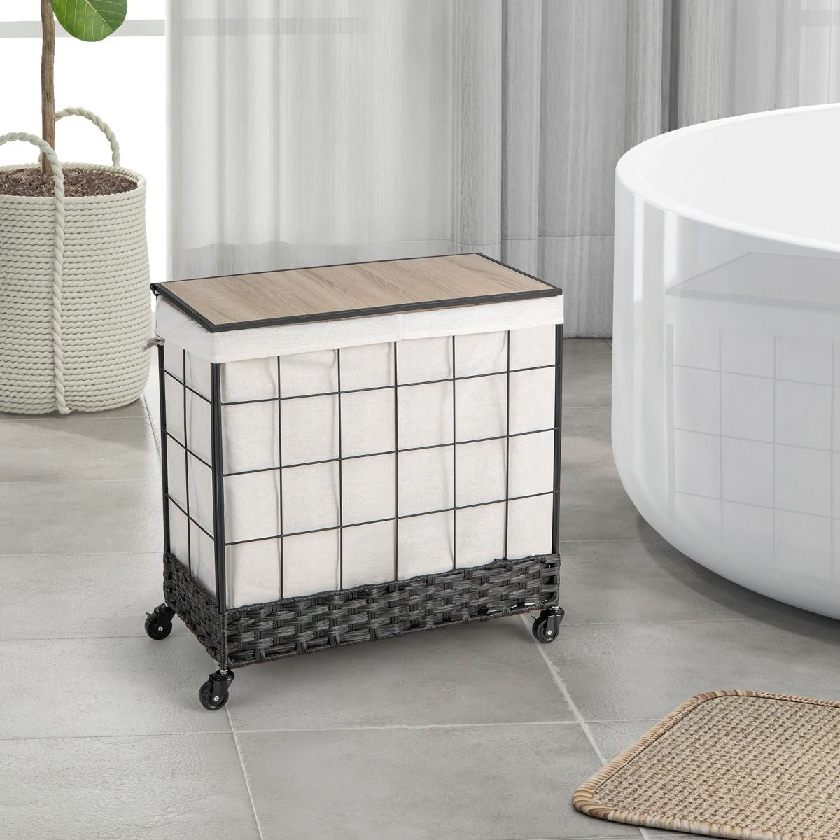 Panier À Linge Avec Roulettes Verrouillables Panier À Linge Robuste De 130 L Avec Couvercle En Bois Sac À Doublure Amovible Divisé
