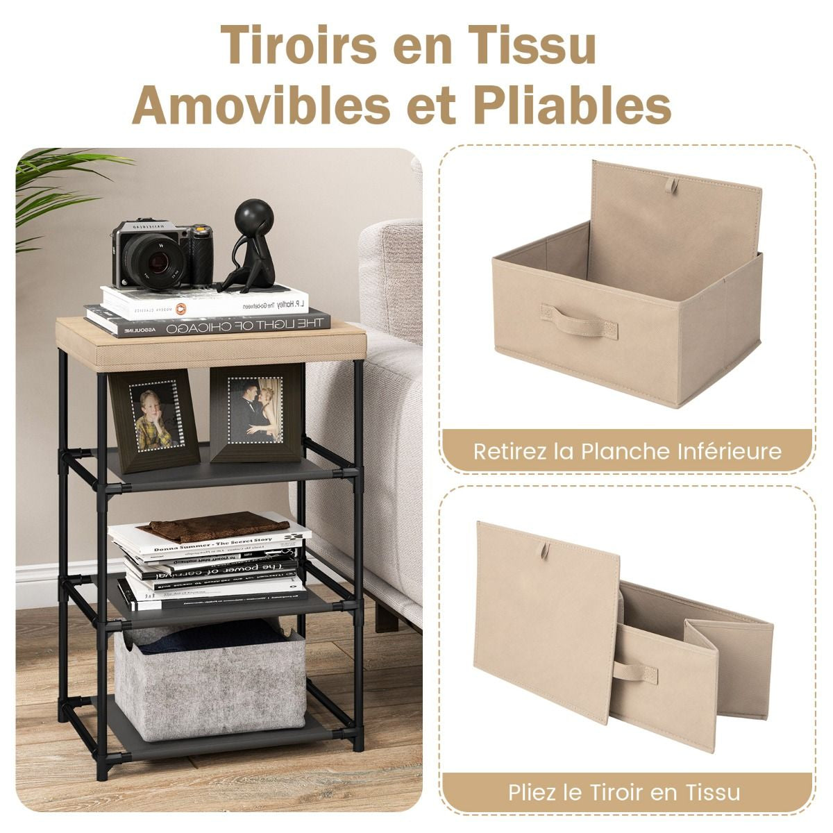 Commode 3 Tiroirs En Tissu 40 X 30 X 62 Cm Table De Chevet Avec Cadre En Métal Pour Chambre Industriel Café/Gris/Noir