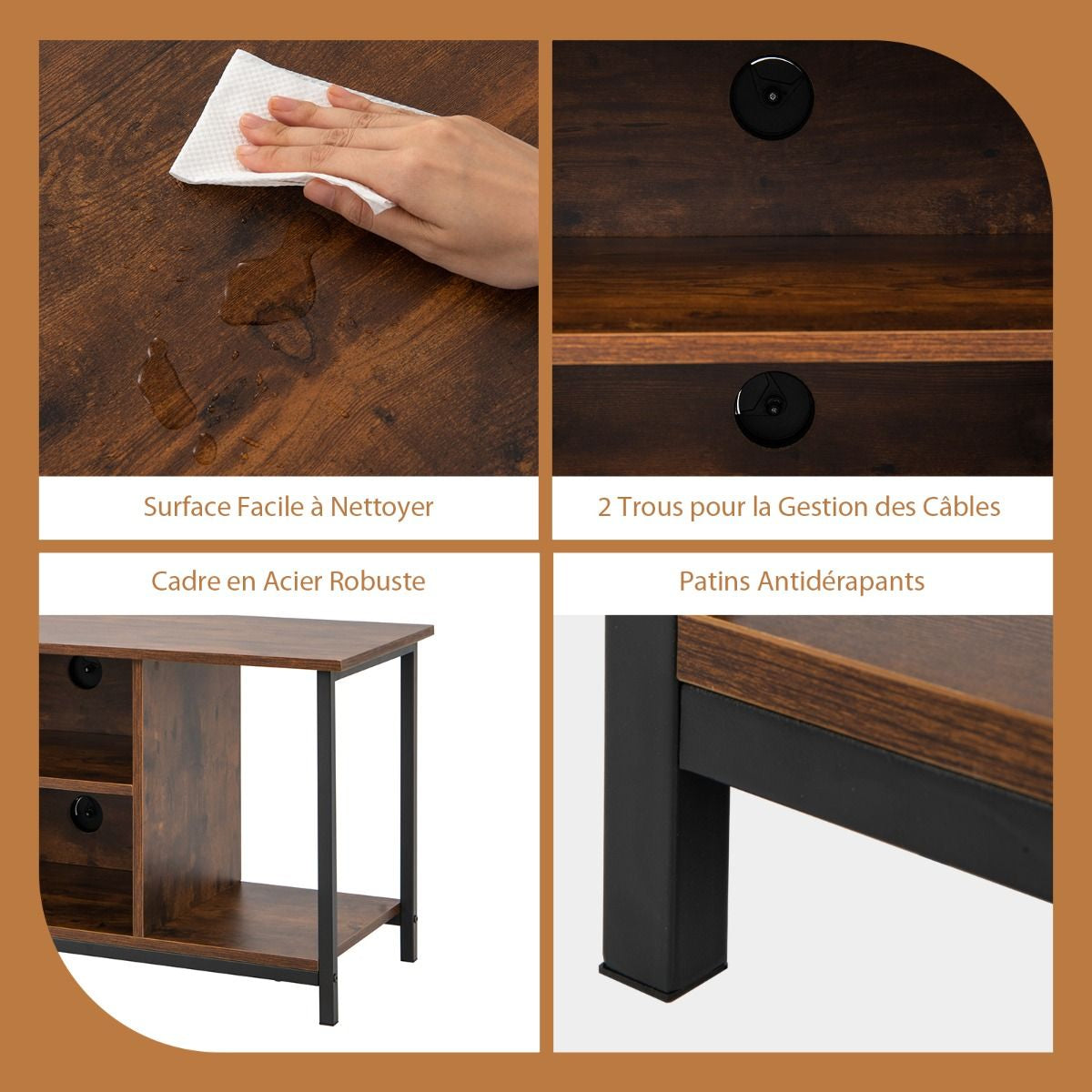 Meuble TV Support De Télévision Jusqu'À 50 Pouces Avec Etagère Réglable Et 2 Trous Des Câbles Pour Salon Chambre Marron