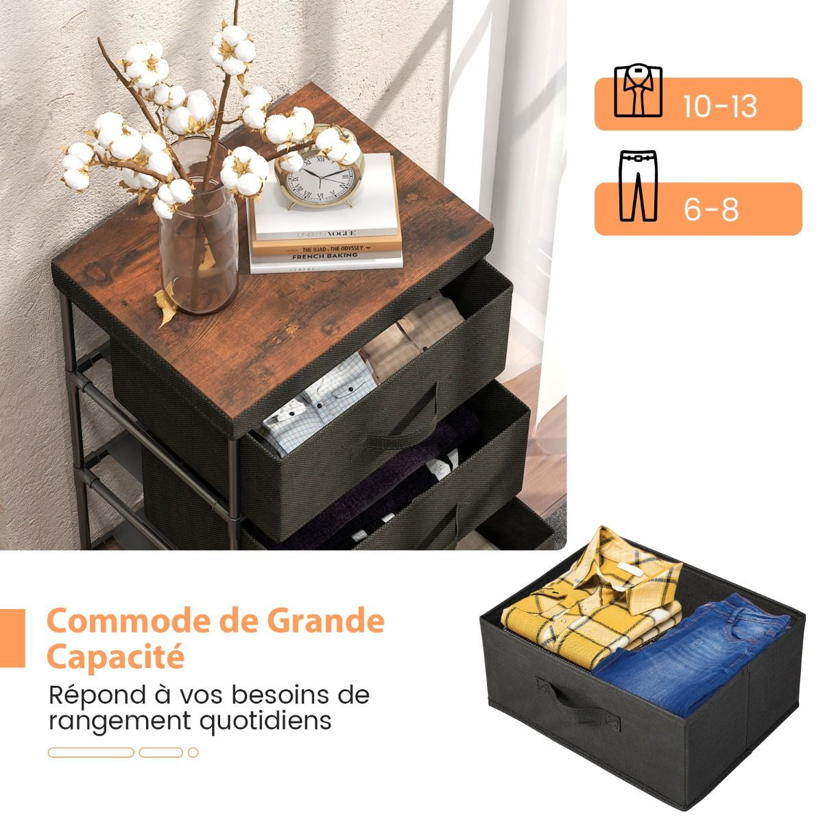 Commode 3 Tiroirs En Tissu 40 X 30 X 62 Cm Table De Chevet Avec Cadre En Métal Pour Chambre Industriel Café/Gris/Noir