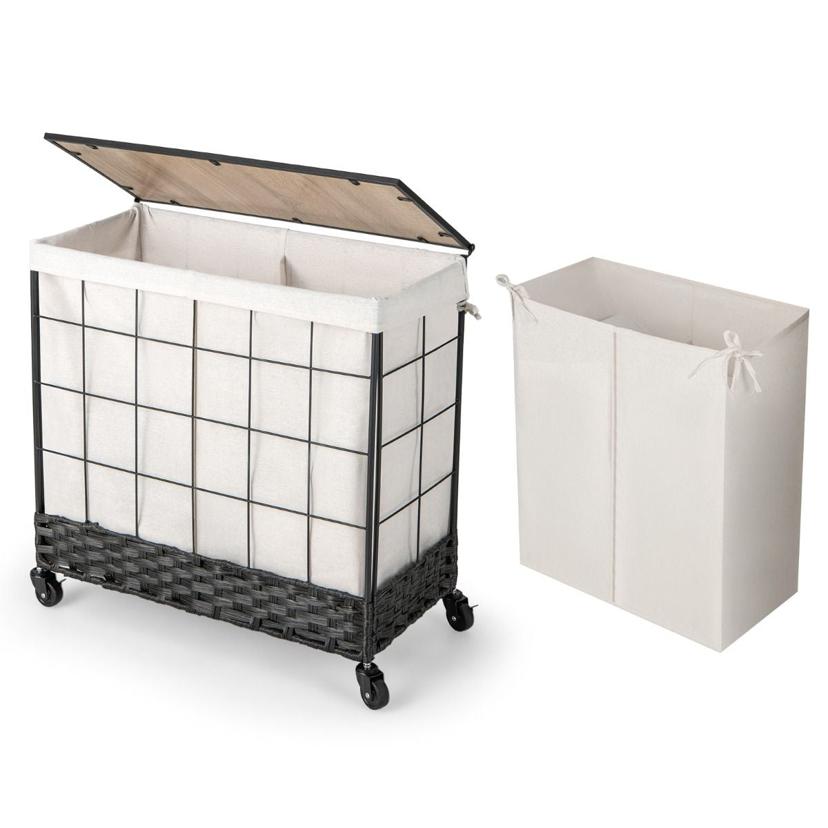 Panier À Linge Avec Roulettes Verrouillables Panier À Linge Robuste De 130 L Avec Couvercle En Bois Sac À Doublure Amovible Divisé