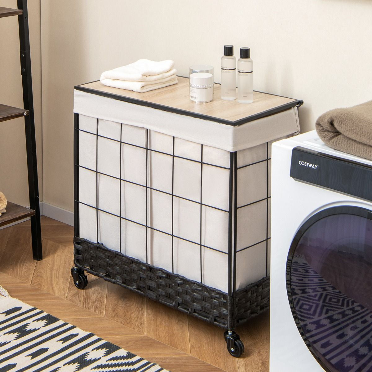 Panier À Linge Avec Roulettes Verrouillables Panier À Linge Robuste De 130 L Avec Couvercle En Bois Sac À Doublure Amovible Divisé