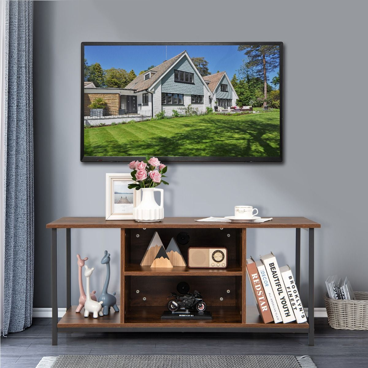 Meuble TV Support De Télévision Jusqu'À 50 Pouces Avec Etagère Réglable Et 2 Trous Des Câbles Pour Salon Chambre Marron
