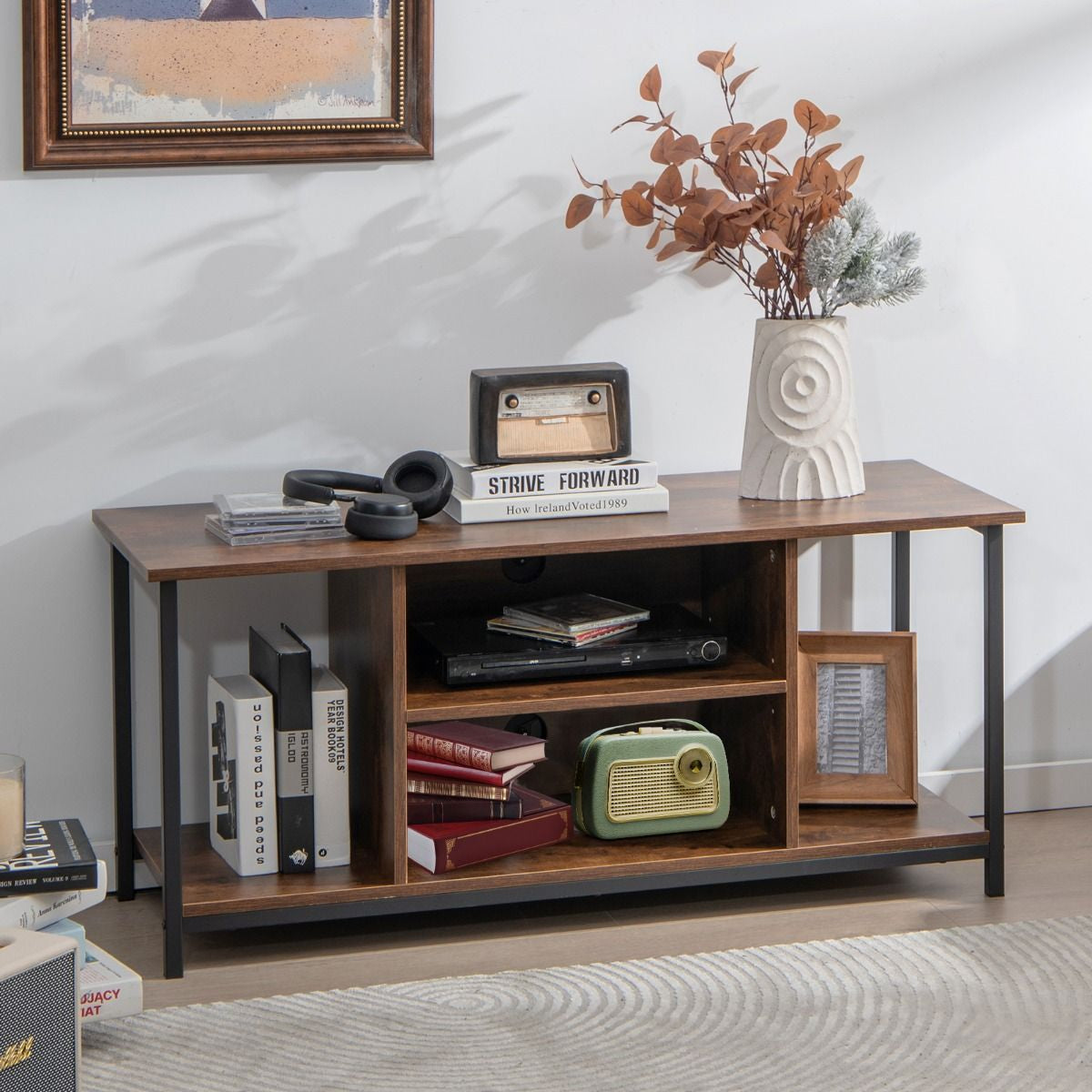 Meuble TV Support De Télévision Jusqu'À 50 Pouces Avec Etagère Réglable Et 2 Trous Des Câbles Pour Salon Chambre Marron