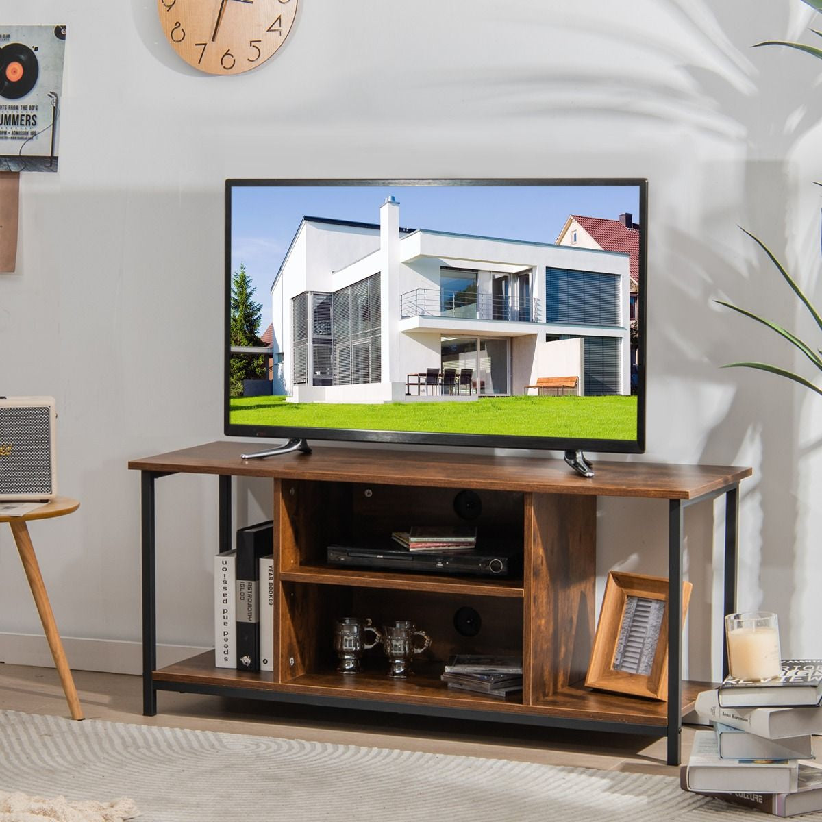 Meuble TV Support De Télévision Jusqu'À 50 Pouces Avec Etagère Réglable Et 2 Trous Des Câbles Pour Salon Chambre Marron