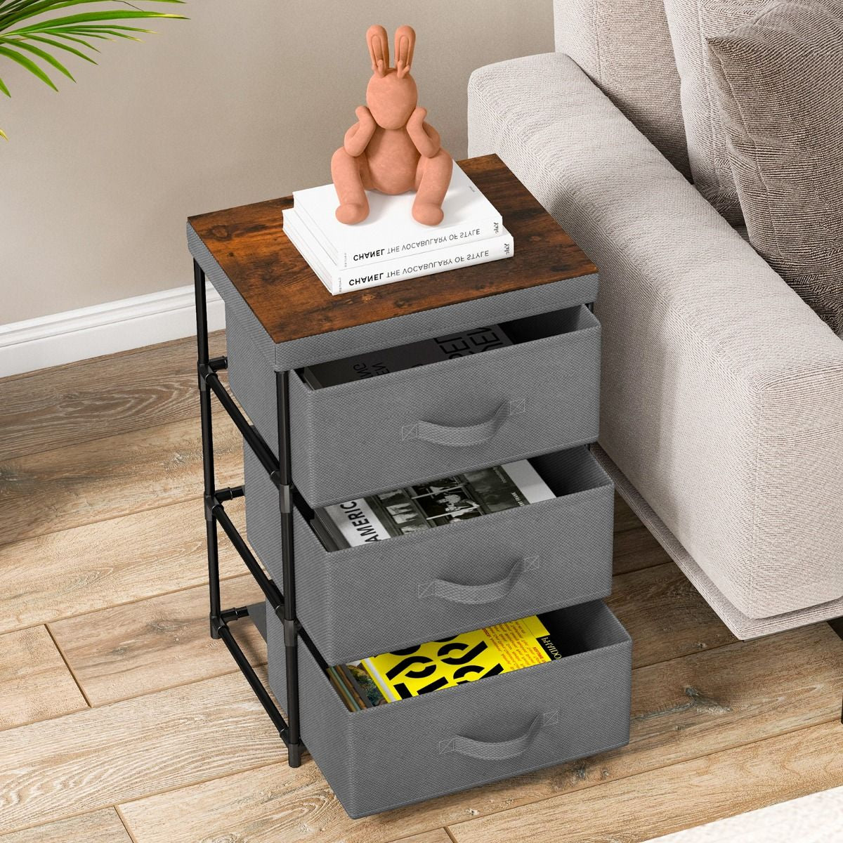Commode 3 Tiroirs En Tissu 40 X 30 X 62 Cm Table De Chevet Avec Cadre En Métal Pour Chambre Industriel Café/Gris/Noir
