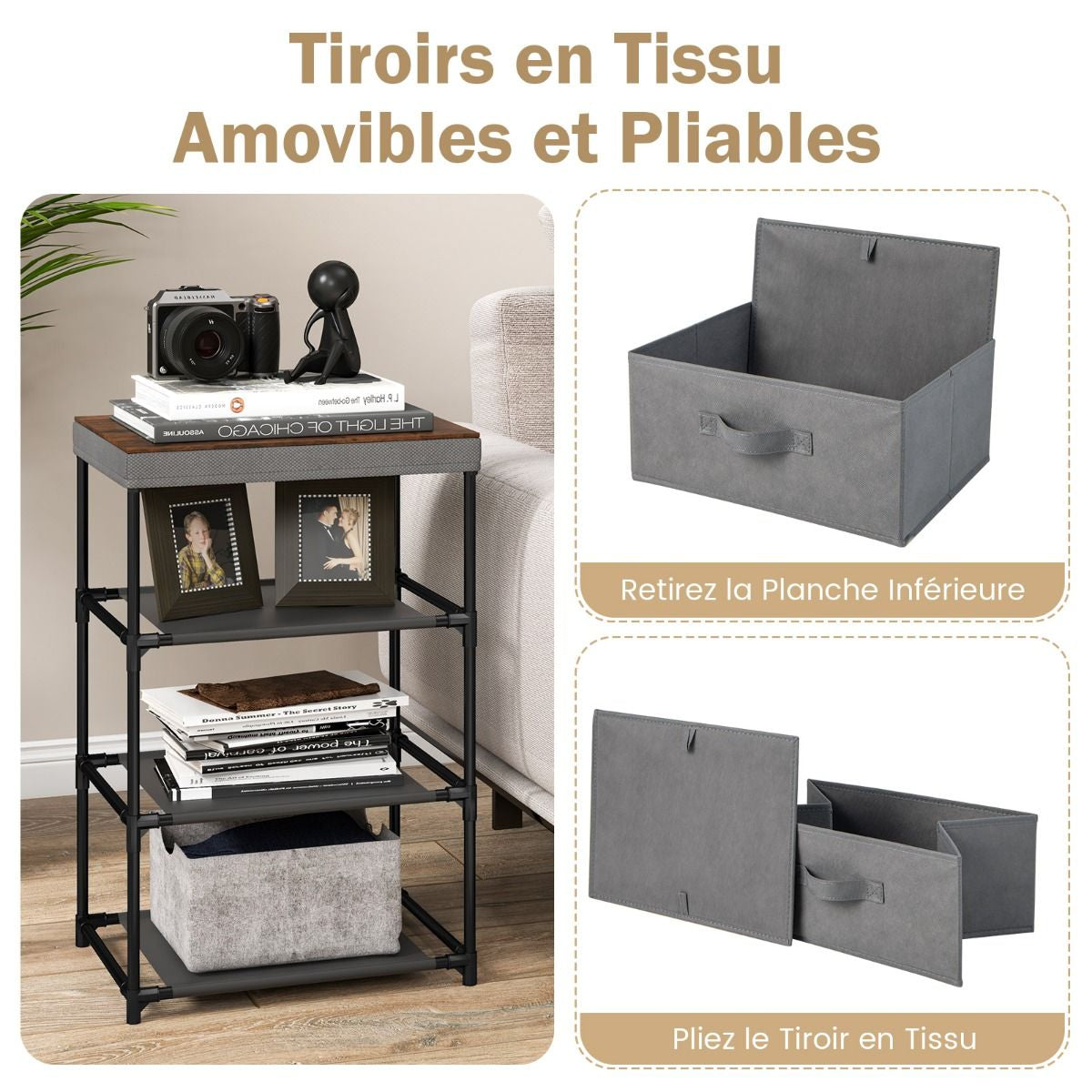 Commode 3 Tiroirs En Tissu 40 X 30 X 62 Cm Table De Chevet Avec Cadre En Métal Pour Chambre Industriel Café/Gris/Noir