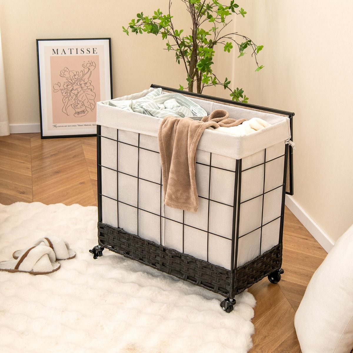 Panier À Linge Avec Roulettes Verrouillables Panier À Linge Robuste De 130 L Avec Couvercle En Bois Sac À Doublure Amovible Divisé