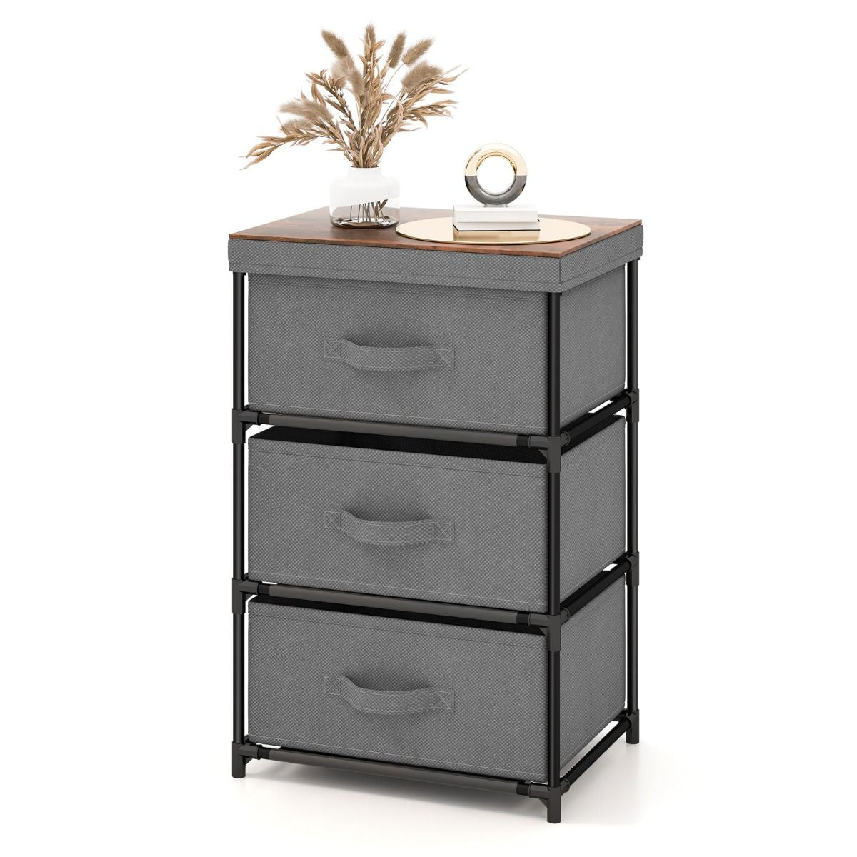 Commode 3 Tiroirs En Tissu 40 X 30 X 62 Cm Table De Chevet Avec Cadre En Métal Pour Chambre Industriel Café/Gris/Noir