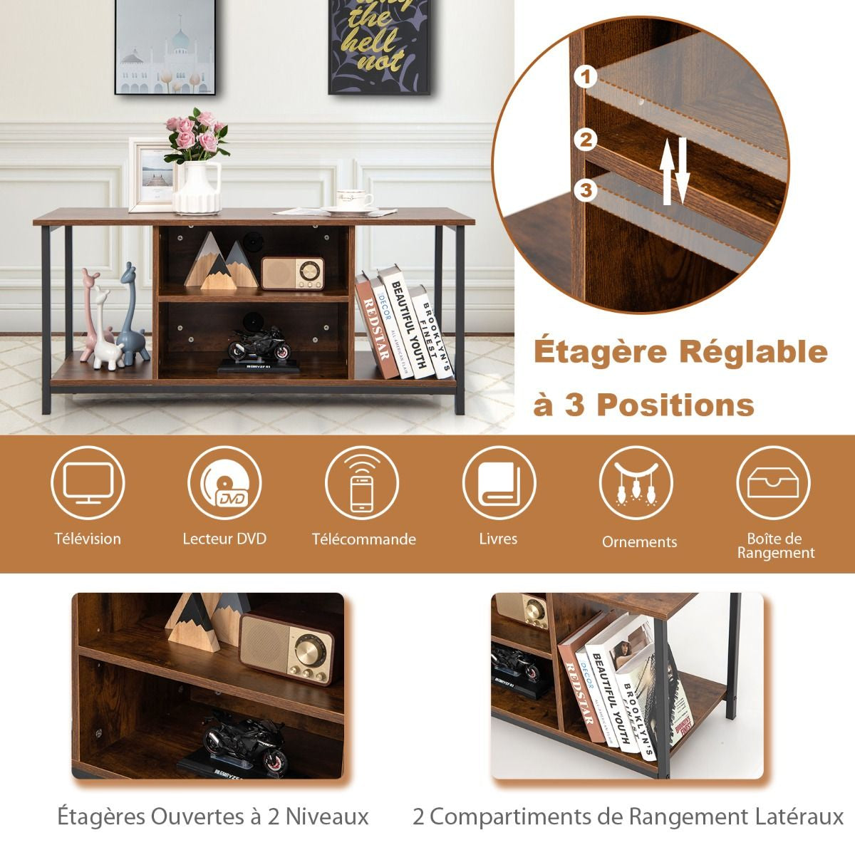 Meuble TV Support De Télévision Jusqu'À 50 Pouces Avec Etagère Réglable Et 2 Trous Des Câbles Pour Salon Chambre Marron