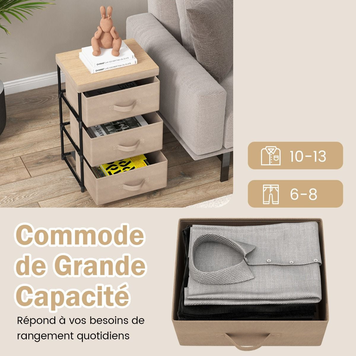 Commode 3 Tiroirs En Tissu 40 X 30 X 62 Cm Table De Chevet Avec Cadre En Métal Pour Chambre Industriel Café/Gris/Noir