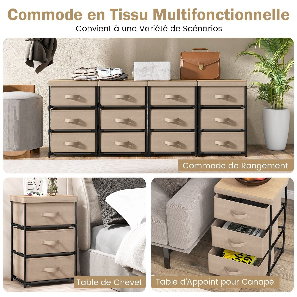 Commode 3 Tiroirs En Tissu 40 X 30 X 62 Cm Table De Chevet Avec Cadre En Métal Pour Chambre Industriel Café/Gris/Noir
