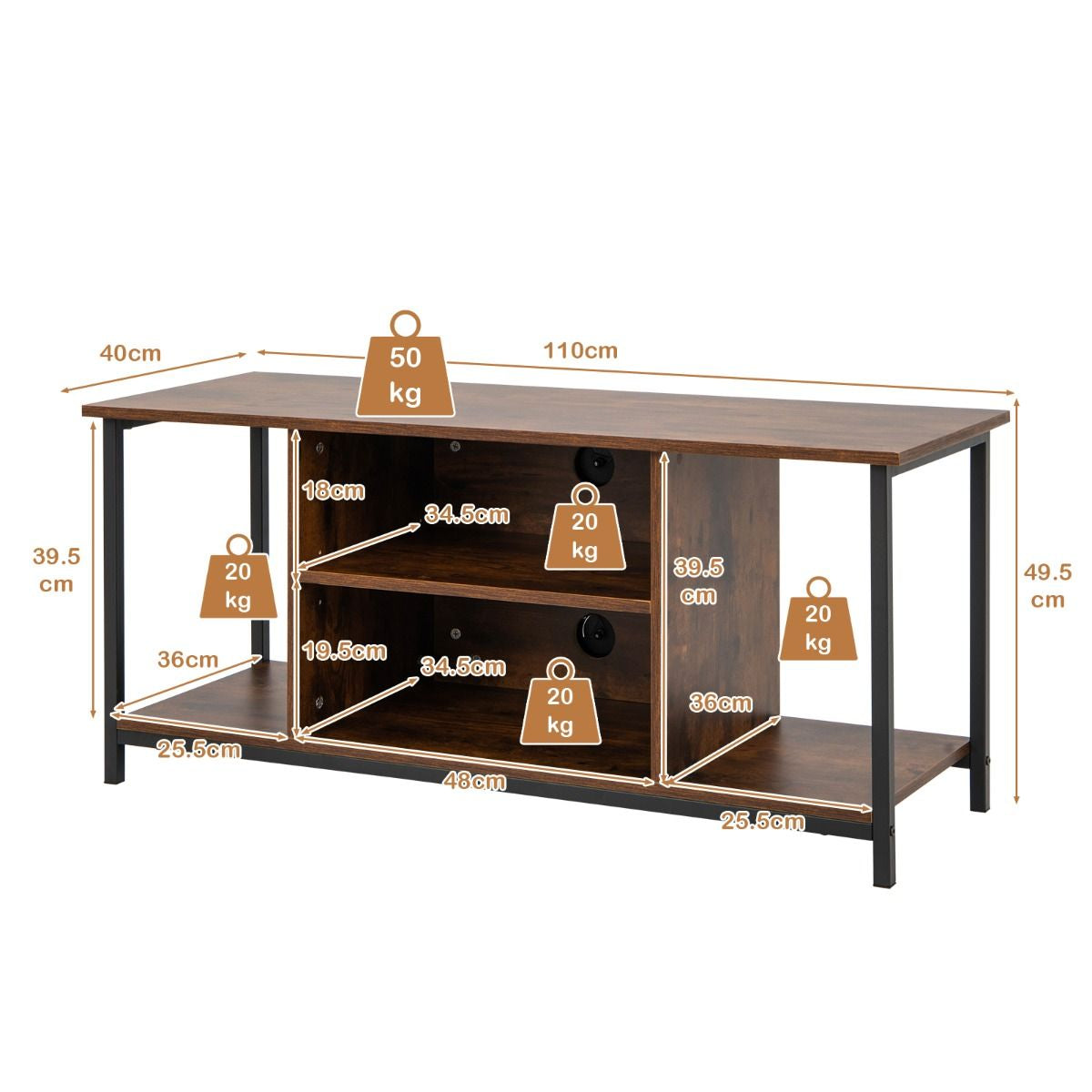 Meuble TV Support De Télévision Jusqu'À 50 Pouces Avec Etagère Réglable Et 2 Trous Des Câbles Pour Salon Chambre Marron