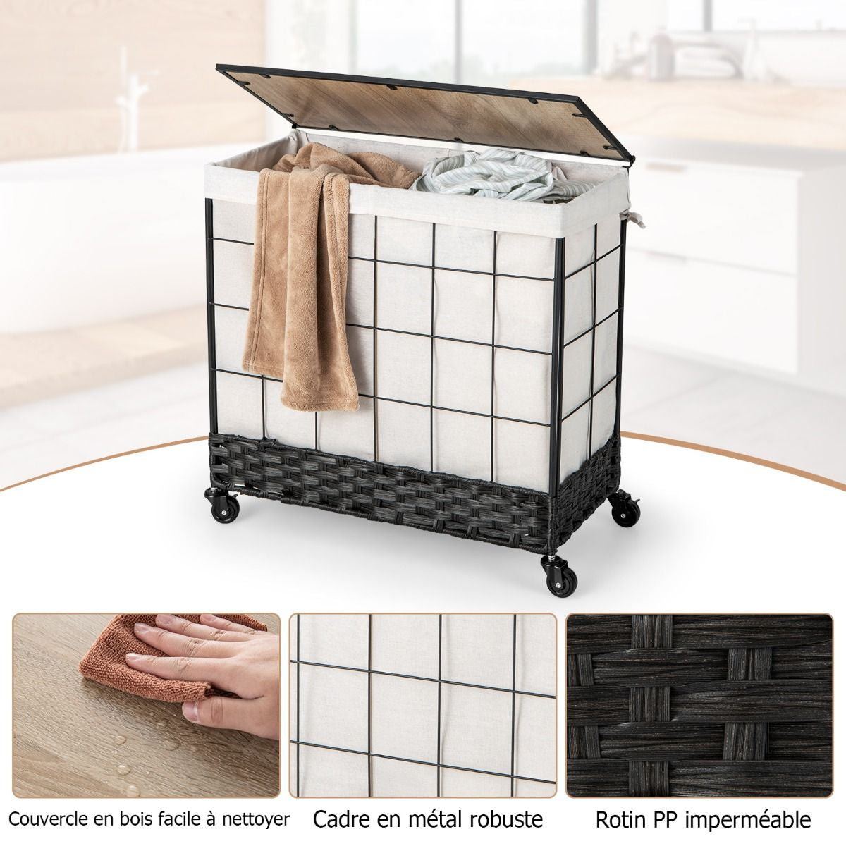 Panier À Linge Avec Roulettes Verrouillables Panier À Linge Robuste De 130 L Avec Couvercle En Bois Sac À Doublure Amovible Divisé