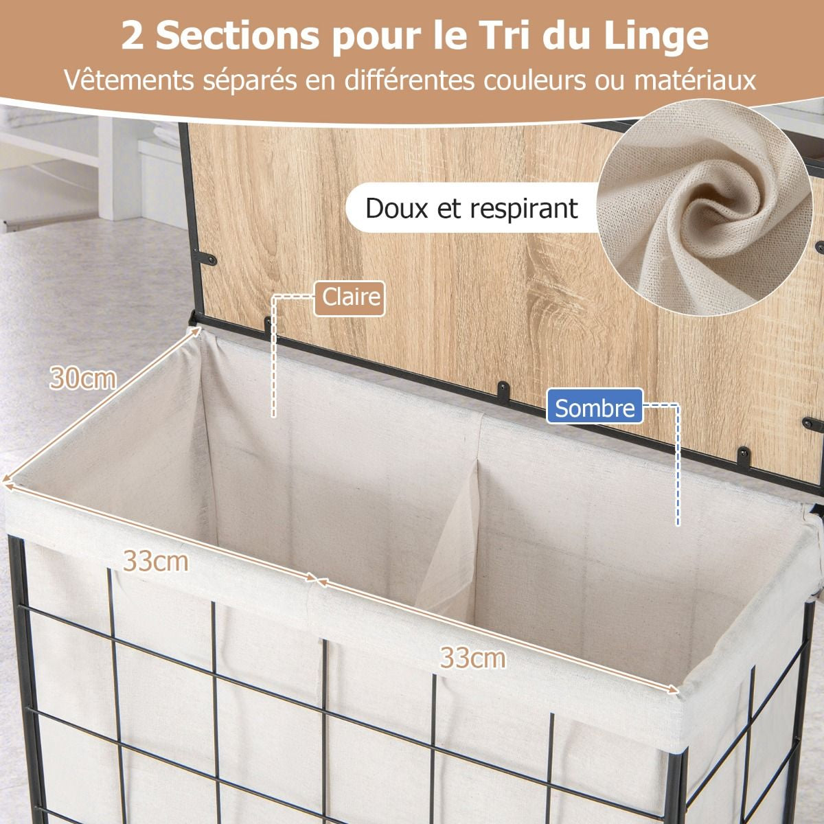 Panier À Linge Avec Roulettes Verrouillables Panier À Linge Robuste De 130 L Avec Couvercle En Bois Sac À Doublure Amovible Divisé