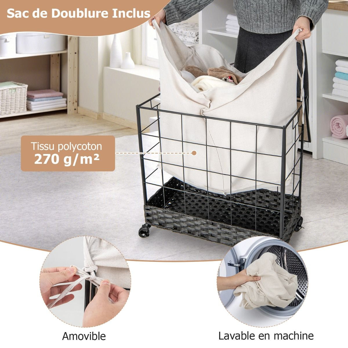 Panier À Linge Avec Roulettes Verrouillables Panier À Linge Robuste De 130 L Avec Couvercle En Bois Sac À Doublure Amovible Divisé