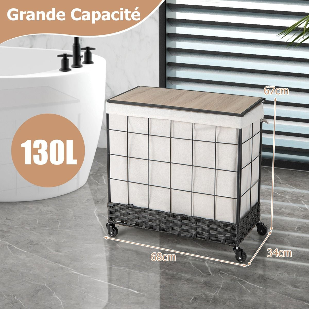Panier À Linge Avec Roulettes Verrouillables Panier À Linge Robuste De 130 L Avec Couvercle En Bois Sac À Doublure Amovible Divisé