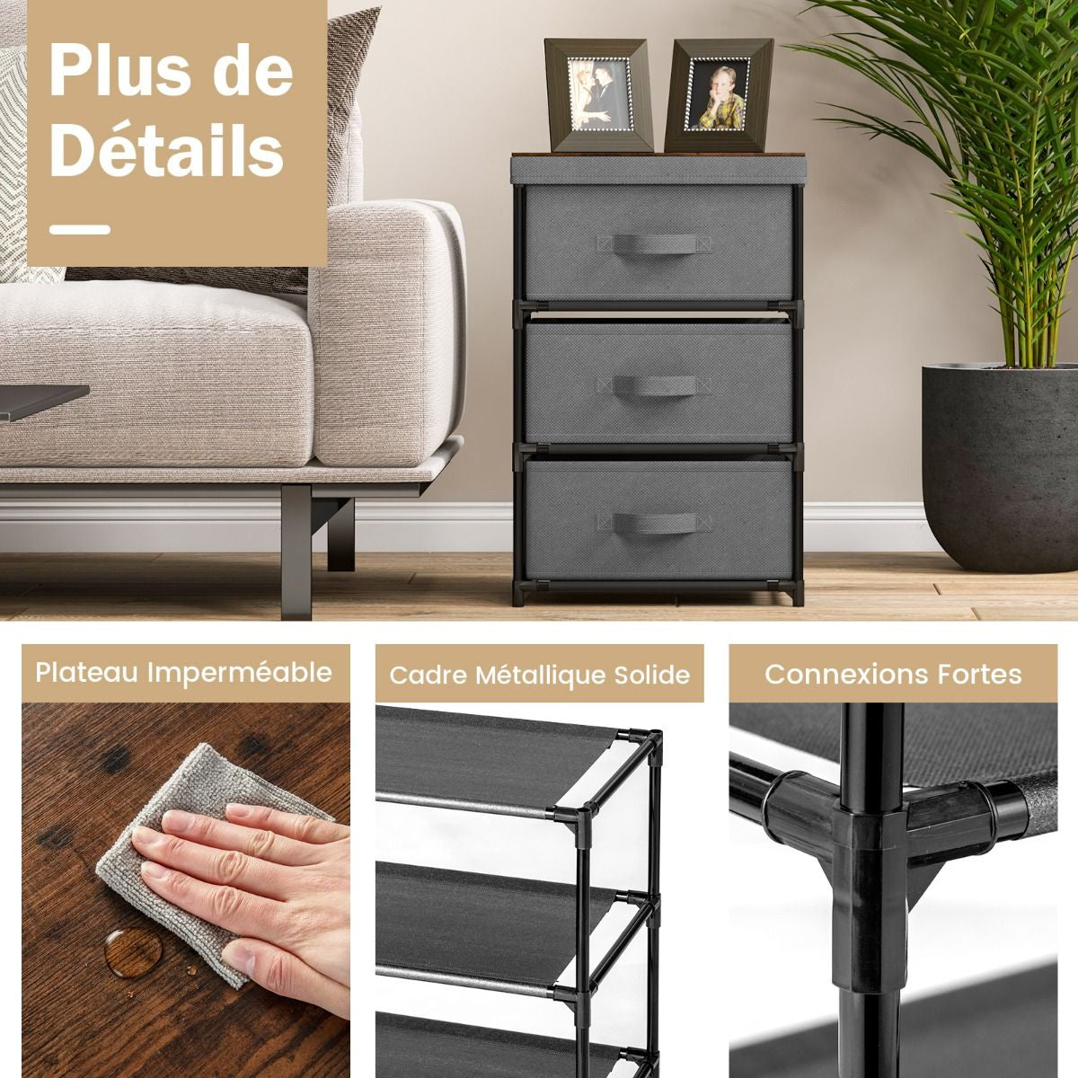 Commode 3 Tiroirs En Tissu 40 X 30 X 62 Cm Table De Chevet Avec Cadre En Métal Pour Chambre Industriel Café/Gris/Noir