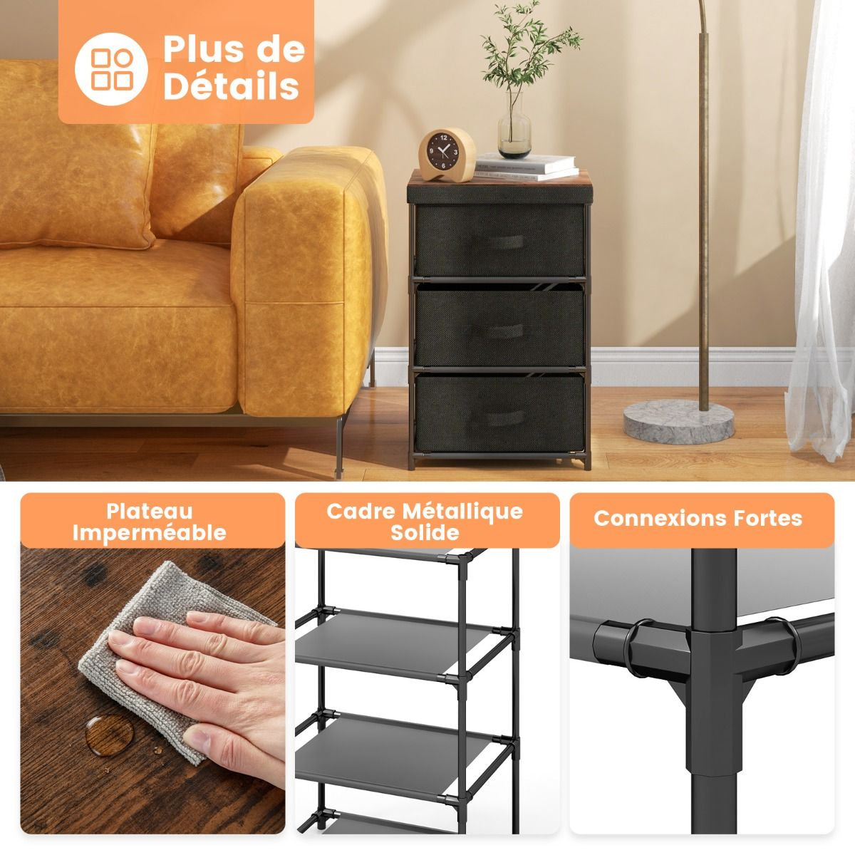 Commode 3 Tiroirs En Tissu 40 X 30 X 62 Cm Table De Chevet Avec Cadre En Métal Pour Chambre Industriel Café/Gris/Noir