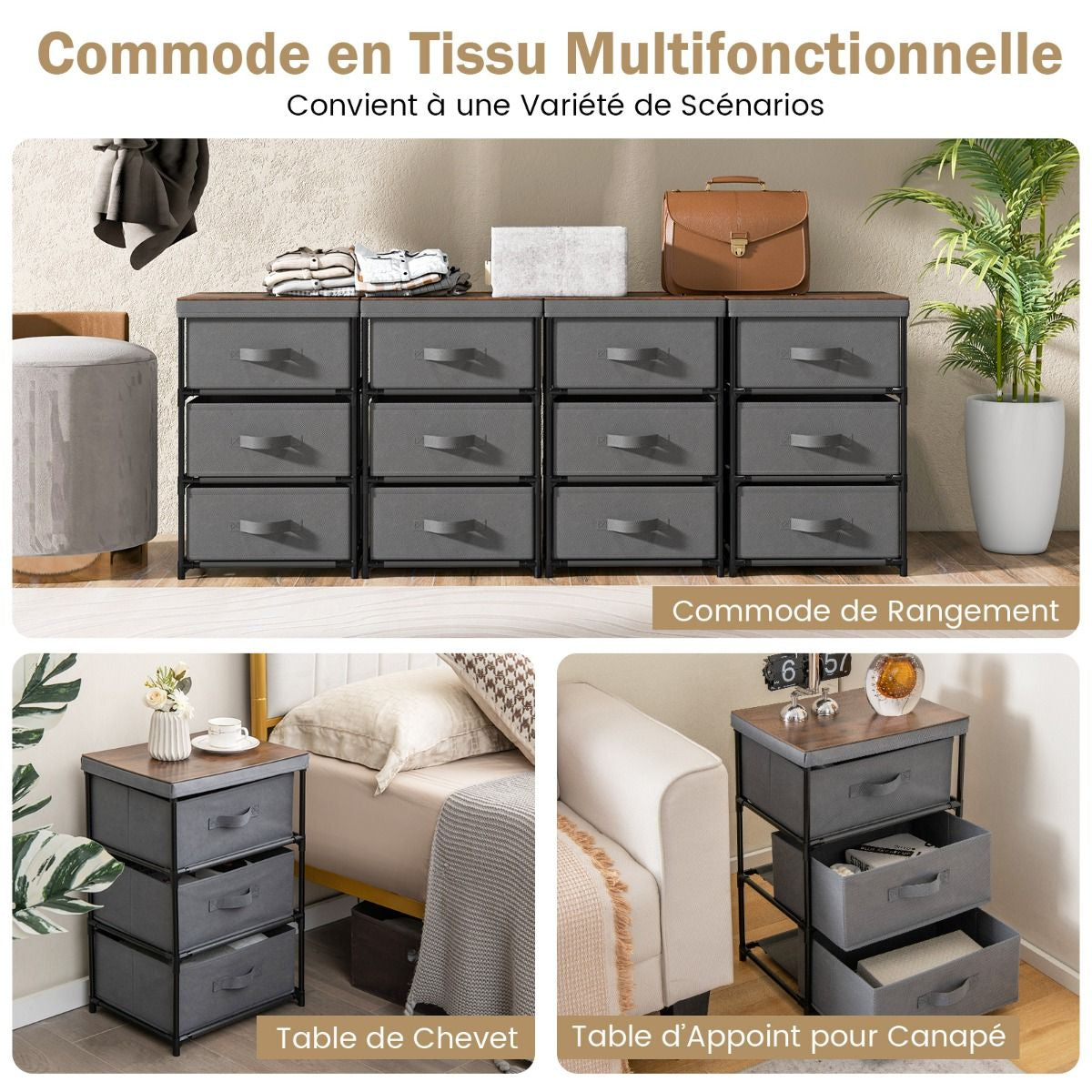 Commode 3 Tiroirs En Tissu 40 X 30 X 62 Cm Table De Chevet Avec Cadre En Métal Pour Chambre Industriel Café/Gris/Noir