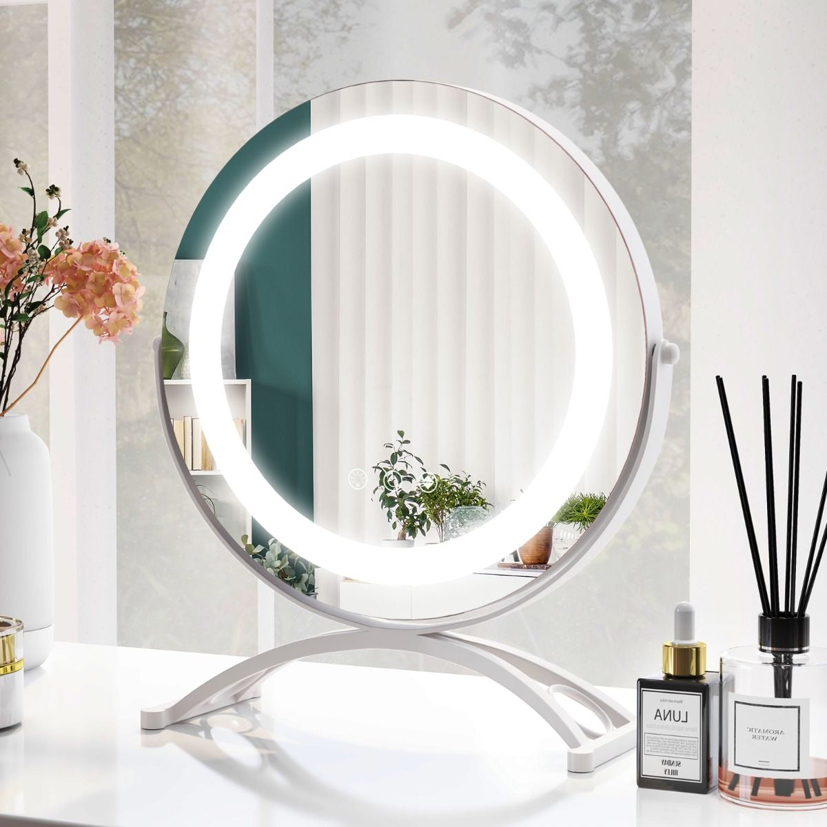 Miroir Maquillage Rond 30CM Lumière LED Réglable Écran Tactile Rotation À 360° Fonction Mémoire Support En Métal