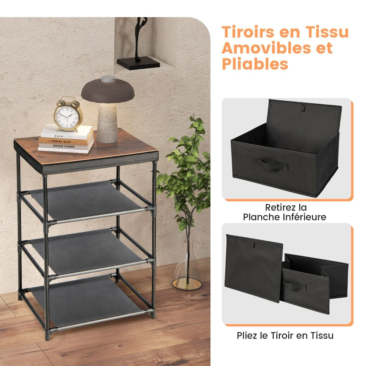 Commode 3 Tiroirs En Tissu 40 X 30 X 62 Cm Table De Chevet Avec Cadre En Métal Pour Chambre Industriel Café/Gris/Noir