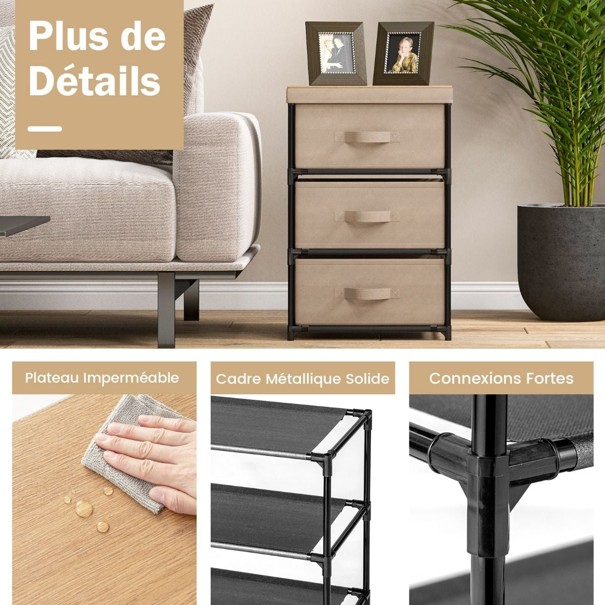 Commode 3 Tiroirs En Tissu 40 X 30 X 62 Cm Table De Chevet Avec Cadre En Métal Pour Chambre Industriel Café/Gris/Noir