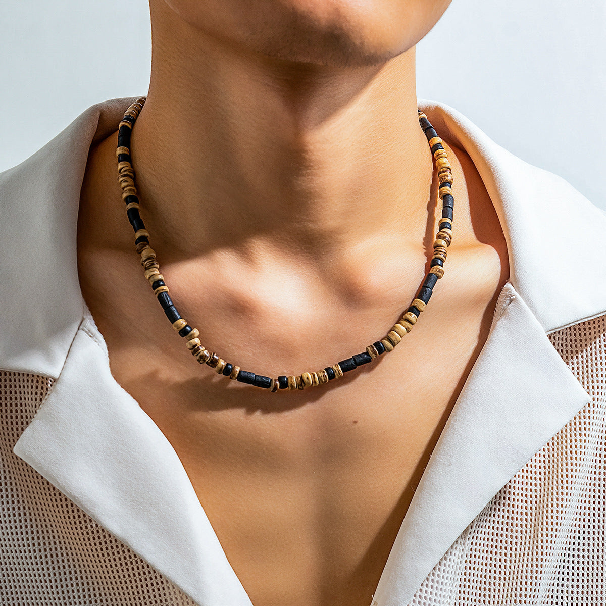 Men's Bohemian Wooden Bead Stitching Beaded Necklace