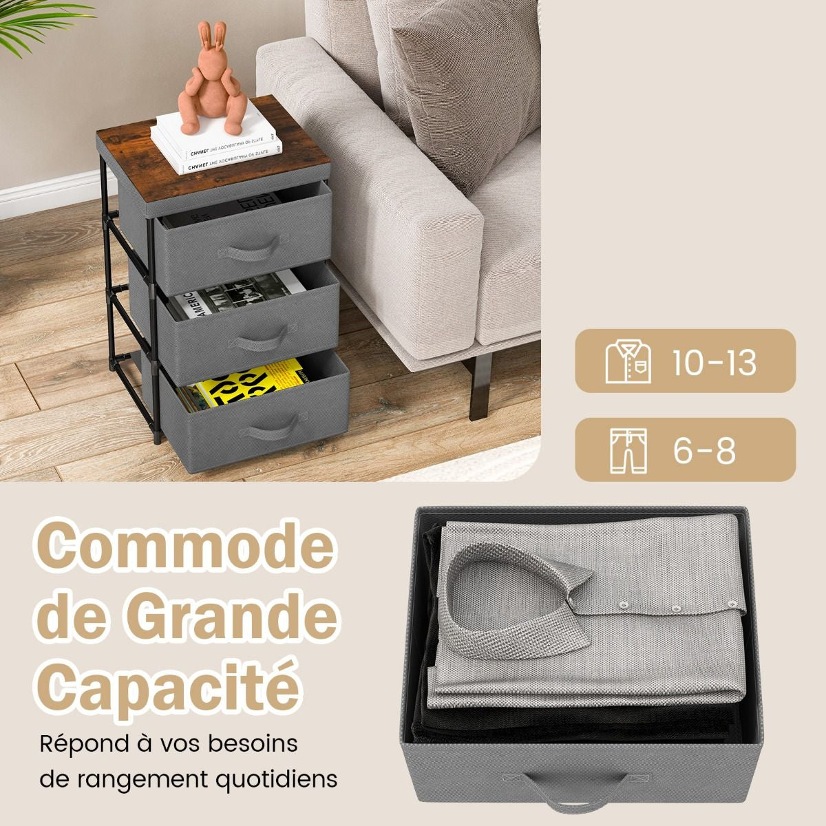 Commode 3 Tiroirs En Tissu 40 X 30 X 62 Cm Table De Chevet Avec Cadre En Métal Pour Chambre Industriel Café/Gris/Noir