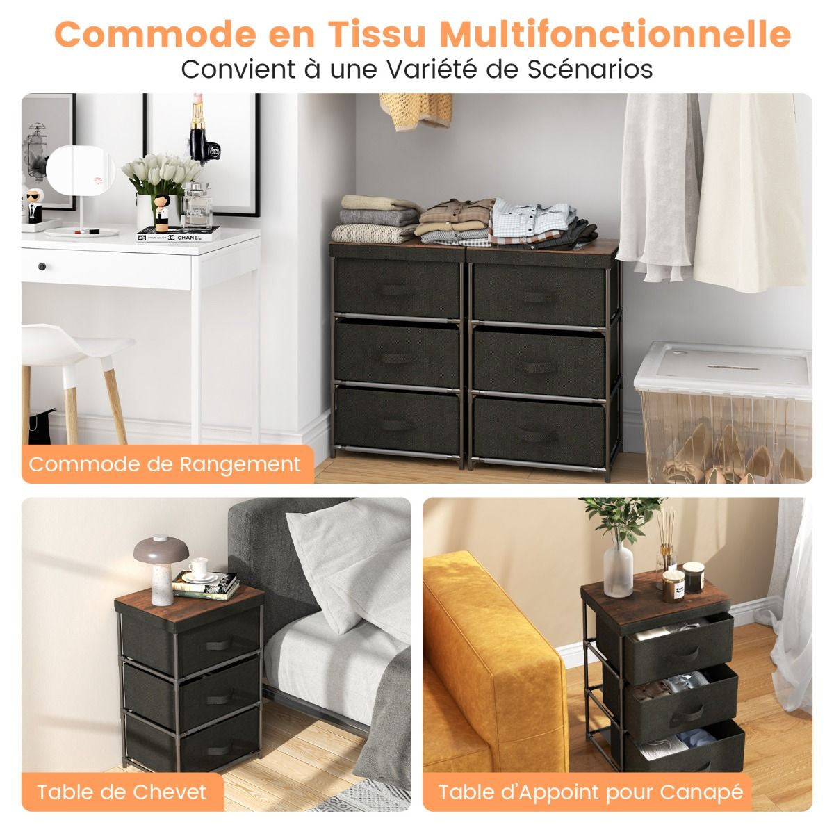 Commode 3 Tiroirs En Tissu 40 X 30 X 62 Cm Table De Chevet Avec Cadre En Métal Pour Chambre Industriel Café/Gris/Noir